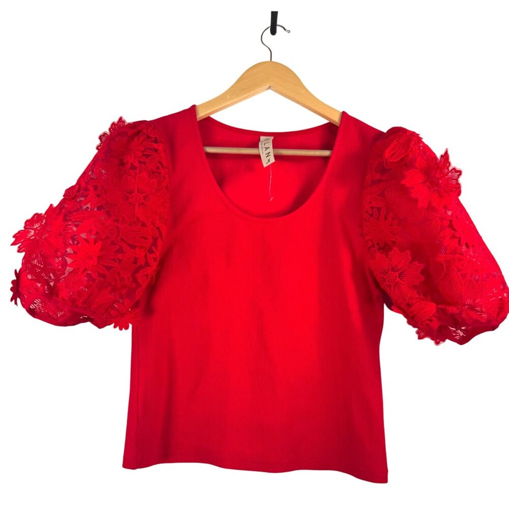 Anthropologie DOLAN Lace Puff Sleeve flower patch ribbed blouse red sz M
